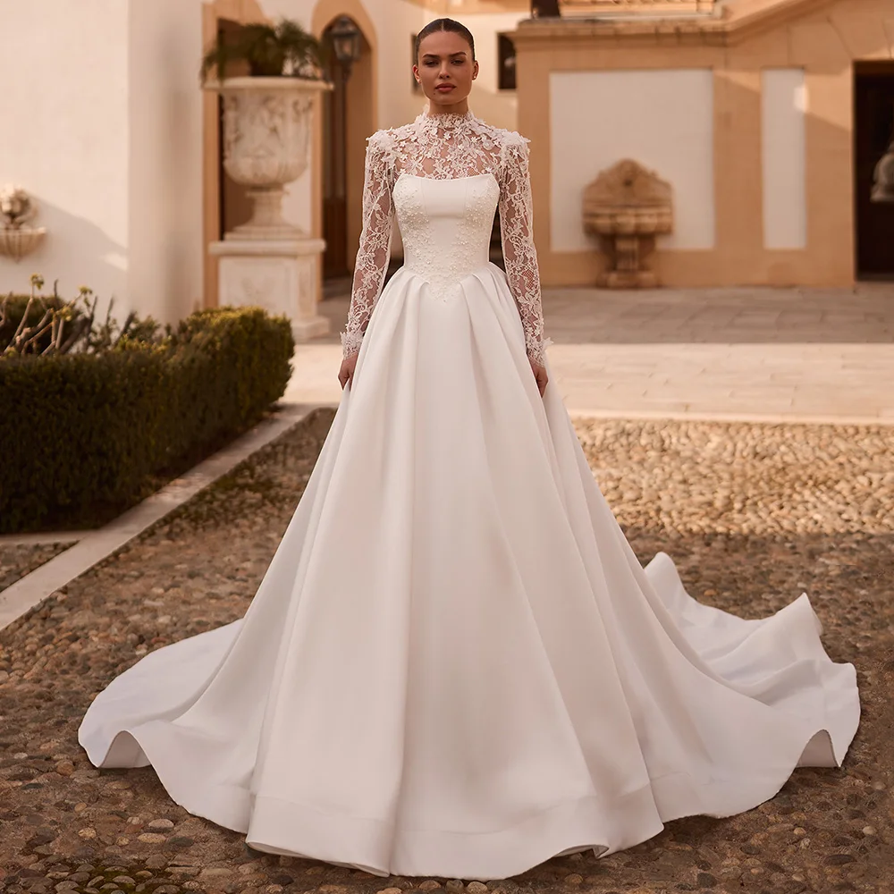 Bezauberndes Hochzeitskleid mit abnehmbarer Spitzenjacke, maßgeschneidertes Brautkleid mit U-Ausschnitt und Perlenapplikation in A-Linie mit Hofschleppe