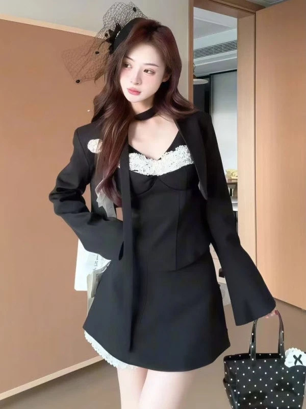 

Ele Ladylike Suit Set Women's Lace Trim Waist Cinching Tee-piece High Waist French Sle Button up Long Sve Autumn Wear