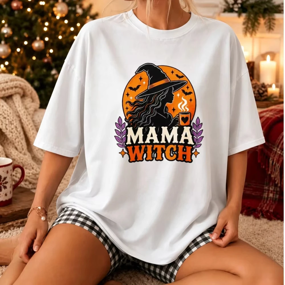 Mama Witch Halloween T-Shirt Funny Witch Hat Bat Print Graphic Tee Oversized Casual Short Sleeve Top Autumn Party Gift for Mom