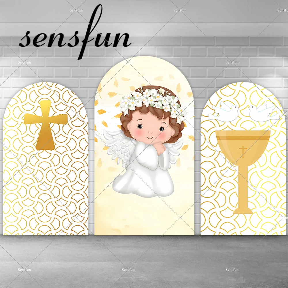 

Girls Baptism Chiara Arch Backdrop Cover Gold Cross God Bless Photography Background White Angel Arched Banner Doubleside