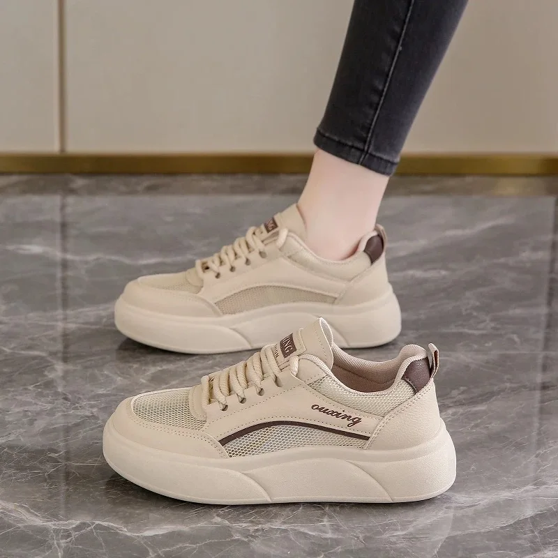 

Women's Summer Breathable Hollow out Mesh Shoes Thick Bottom Casual Sports Shoes Versatile Flat Laced Polyester Fiber Sneakers