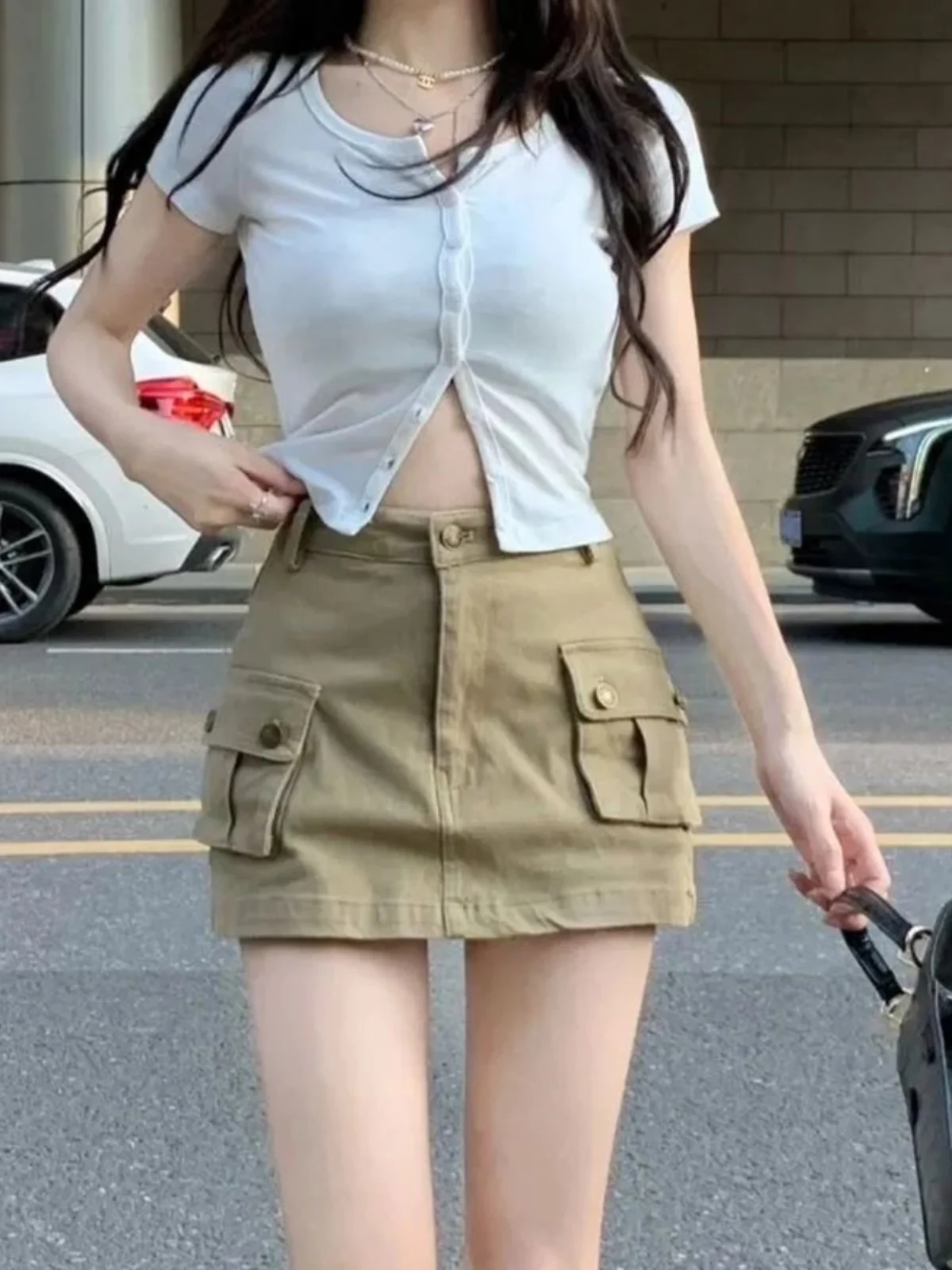 Khaki Workwear Skirt Women Summer Sexy Anti-Light Slimming Denim Half Skirt 2024 Personality High Waist Short Skirts