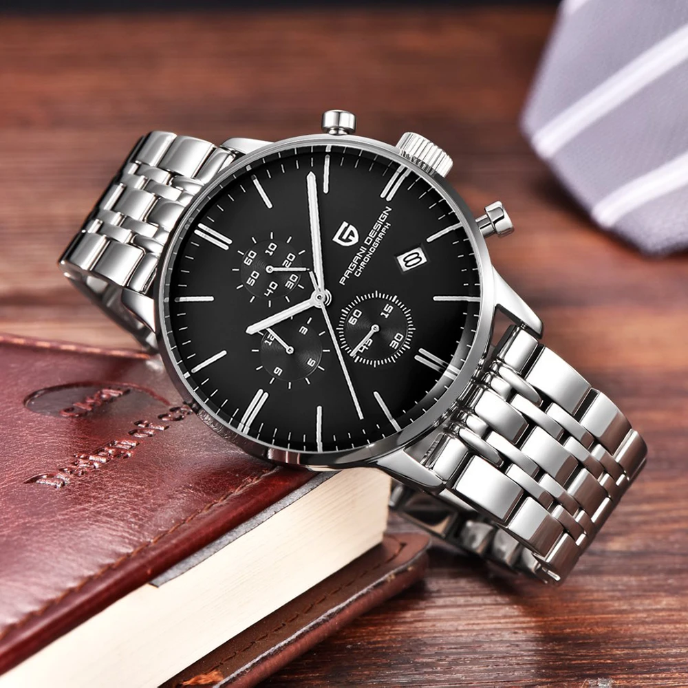 PAGANI DESIGN موضة رجال الأعمال الفولاذ المقاوم للصدأ ساعة كوارتز مقاوم للماء متعددة الوظائف ليلة ضوء ساعة Reloj + صندوق هدية