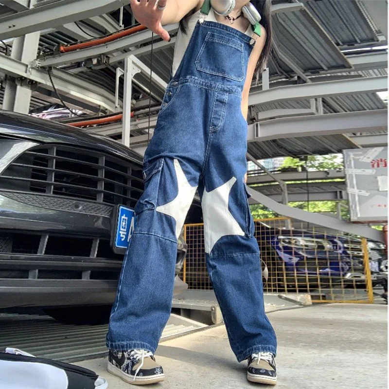 S-5XL Jumpsuits Women Star Washed Denim Vintage Korean Style Casual Fashion All-match Summer Combinaison Femme Loose Full-length