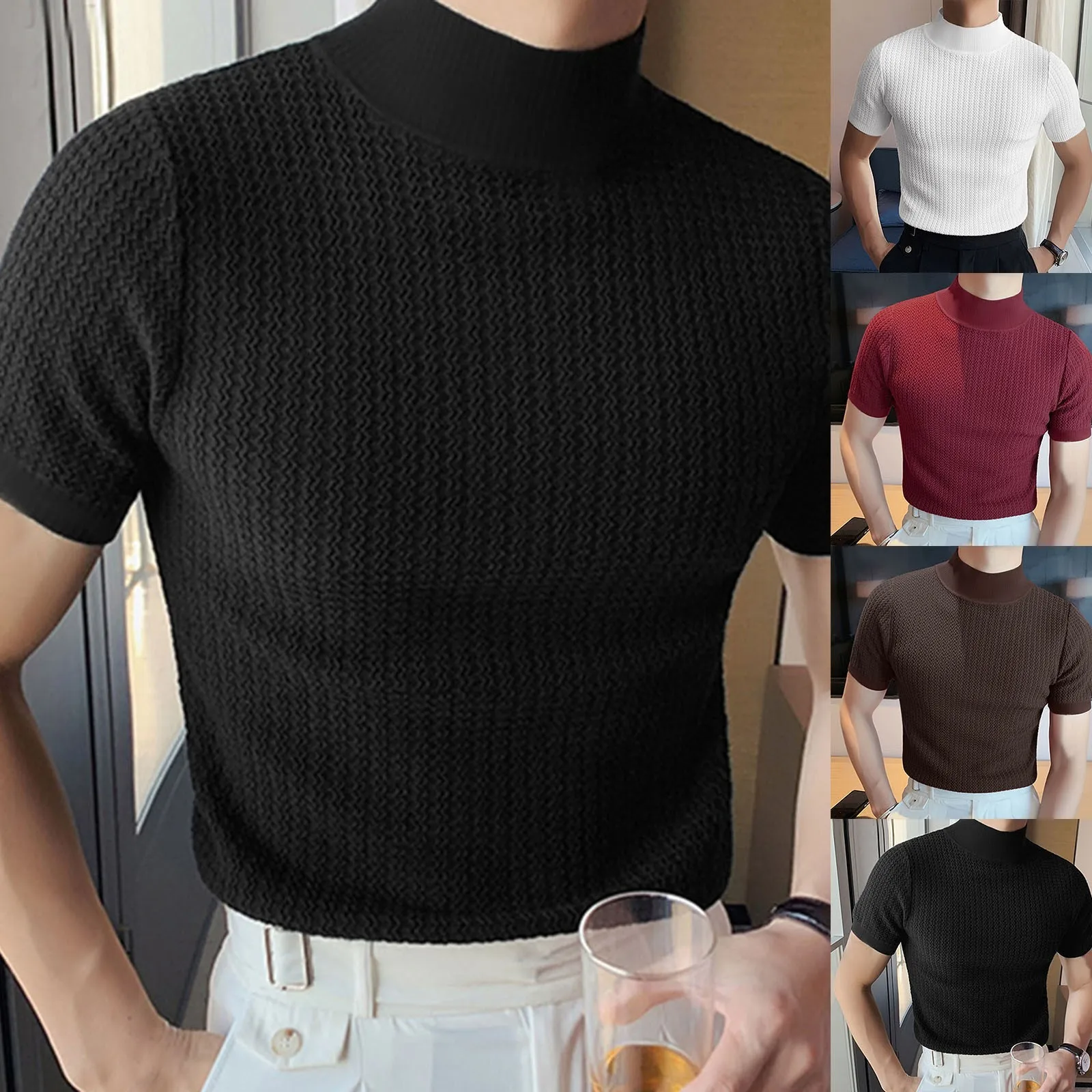 

Men's Spring And Summer Knitted Half High Neck Short Sleeve Solid Color Pleated Round Neck Slimming Fit Casual T Shirt Tops