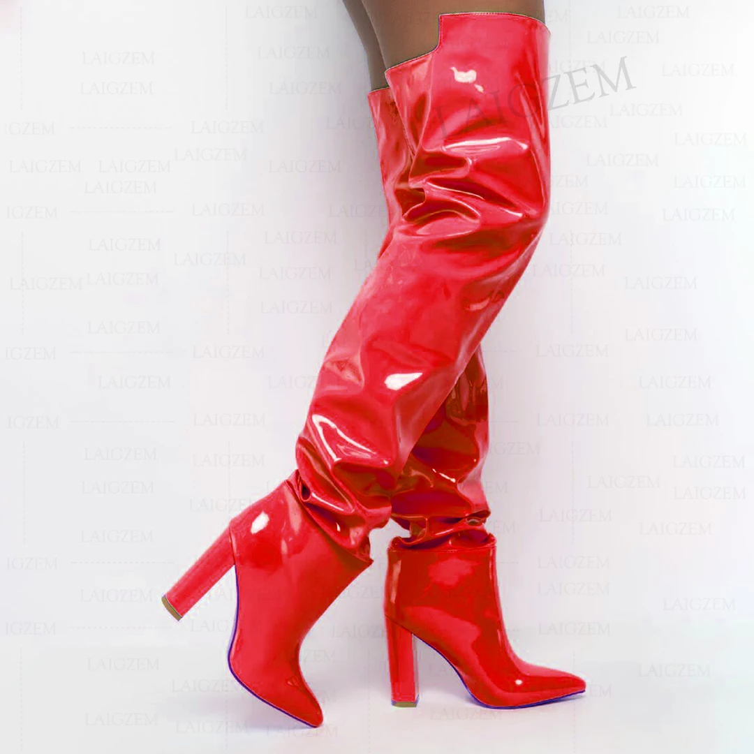 

SEIIHEM Women Over Knee High Boots Thick High Heels Tall Boots Pleated Pull On Handmade Ladies Shoes Woman Big Size 41 43 45 47