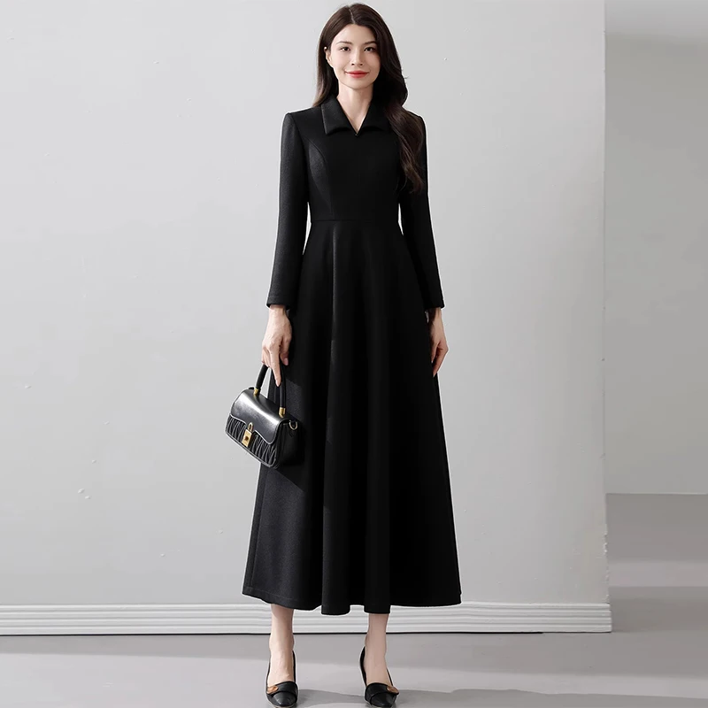 

Lapel Women's Dress - Slim Fit Elegant Long Sleeve Wool Underdress, 2026 Autumn Winter Formal Gown, Solid Color Long Dress