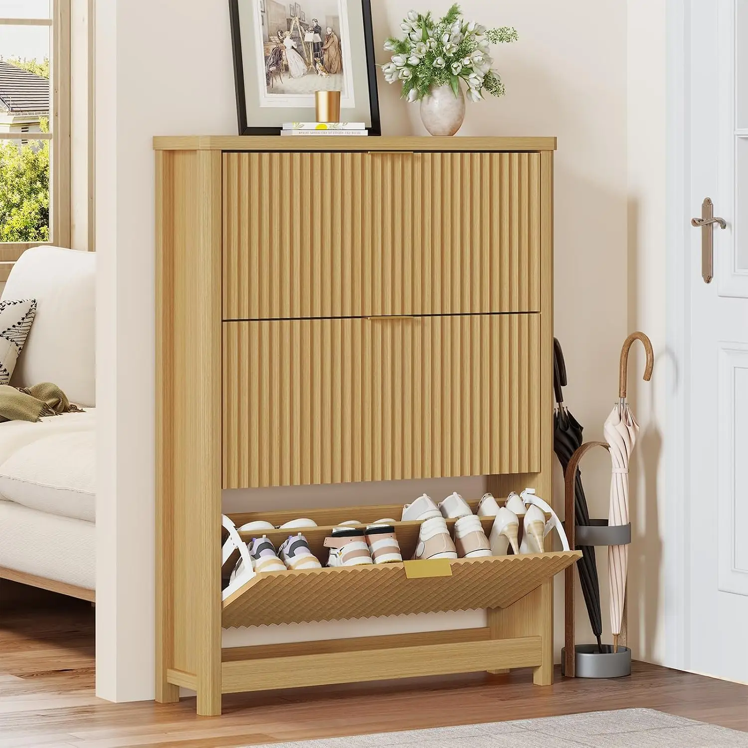 Fluted Shoe Cabinet 3 Flip Drawers, 48