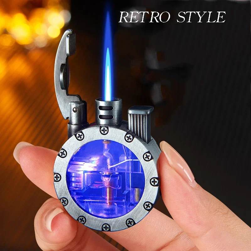 New Metal LED Transparent Gas Storage Inflatable Lighter Retro Blue Flame Direct Charging Lighter Windproof Lighter 2024