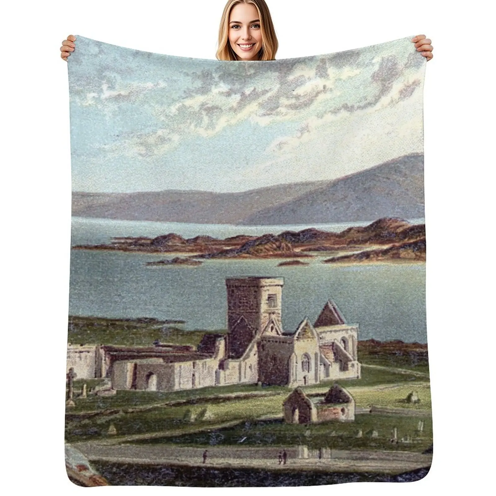 Vintage Illustration of Iona Abbey, Isle of Iona Throw Blanket Luxurious Soft Blanket Holiday Gift for Family