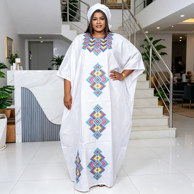 African Plus Size Women's Fashion Embroidered Bat Sleeve Loose Robe Dress Dashiki Ankara Kaftan Rich Design Wedding Party Dress