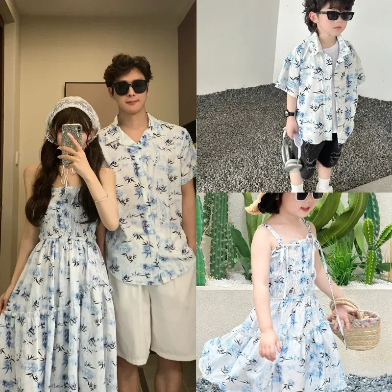 Resort-Paar-Look, Sommerkleidung für Eltern und Kinder, passende Urlaubskleidung für die Familie, Mutter-Tochter-Strandkleid, Hemden für Papa und Sohn