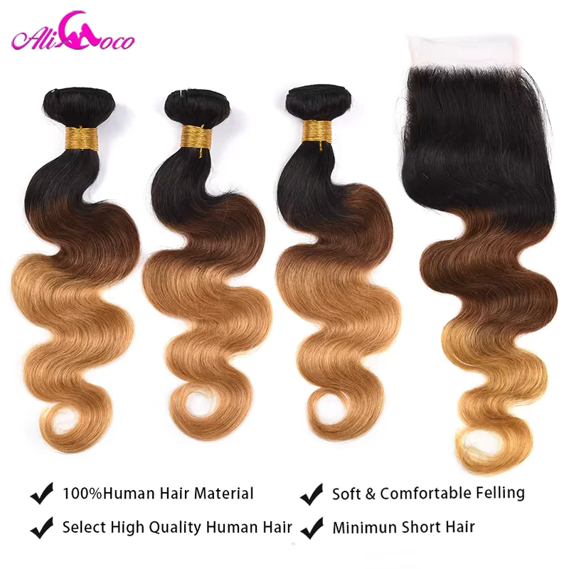 1B 4 27 Remy Ombre Human Hair Weave Bundle ปิด 4x4 5x5 ชุดพร้อมฝาปิดบราซิล Body Wave ปิด