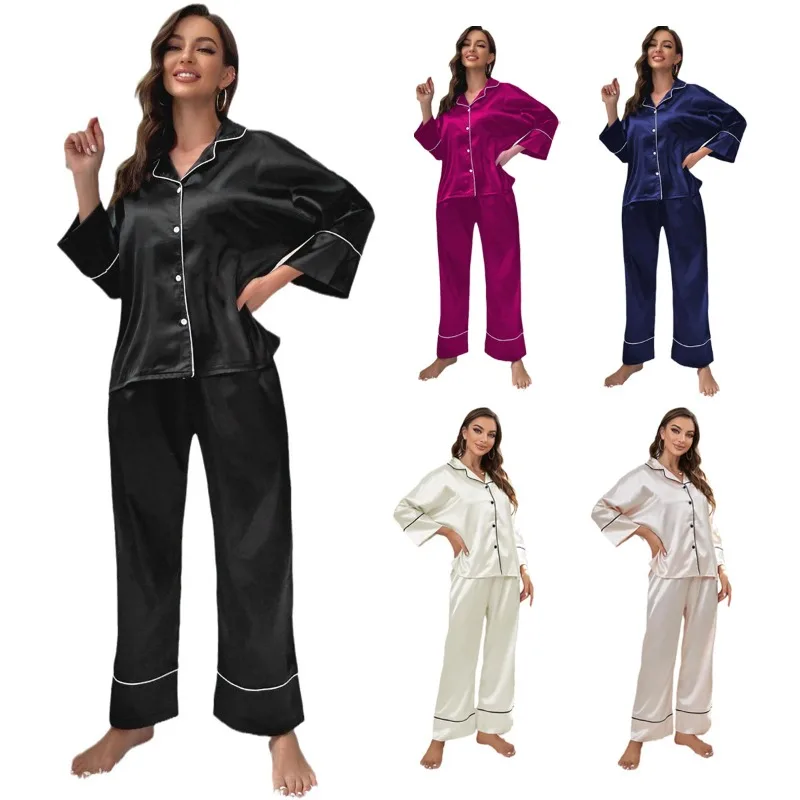 European Style Women's Sleepwear Set Silky Long Sleeve PJs Lounge Pants Autumn Winter Loungewear Home to Street Outfit comfort