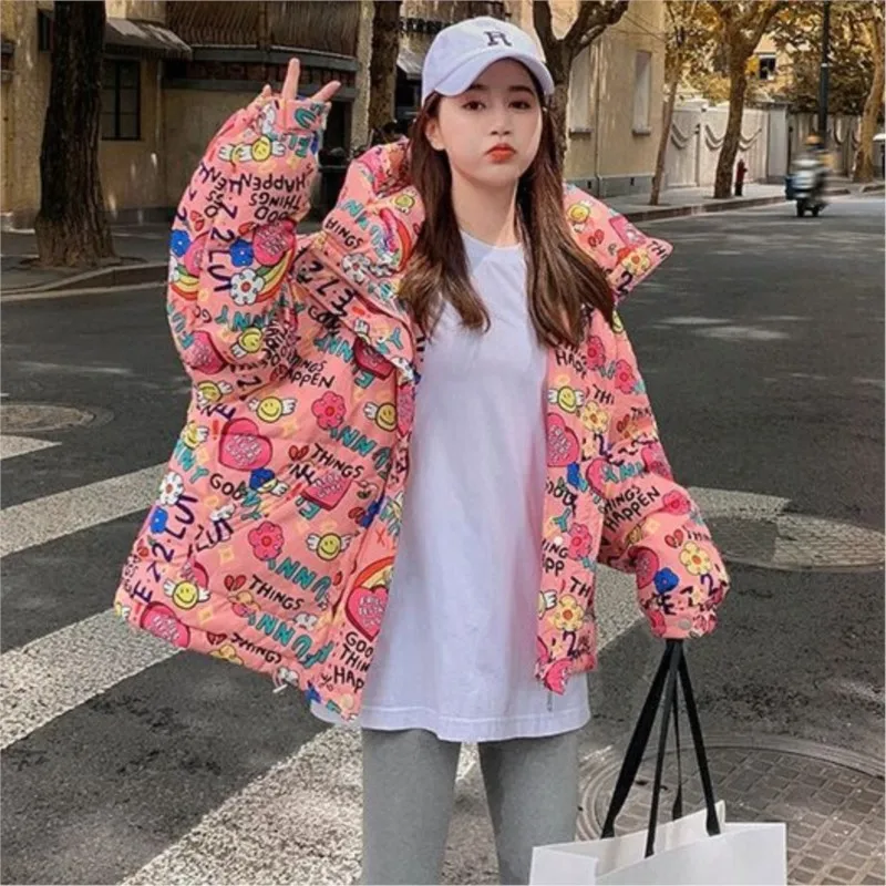 2024 New Parkas For Women Winter Brand Fashion Colorful Graffiti Harajuku Streetwear Zipper Coats Warm Jacket