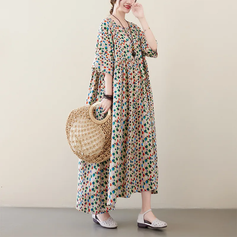 Johnature New Multi Color Print Loose Short Sleeve Polka Dot Dress Women 2025 Spring Summer Casual Bohemian Female Dresses