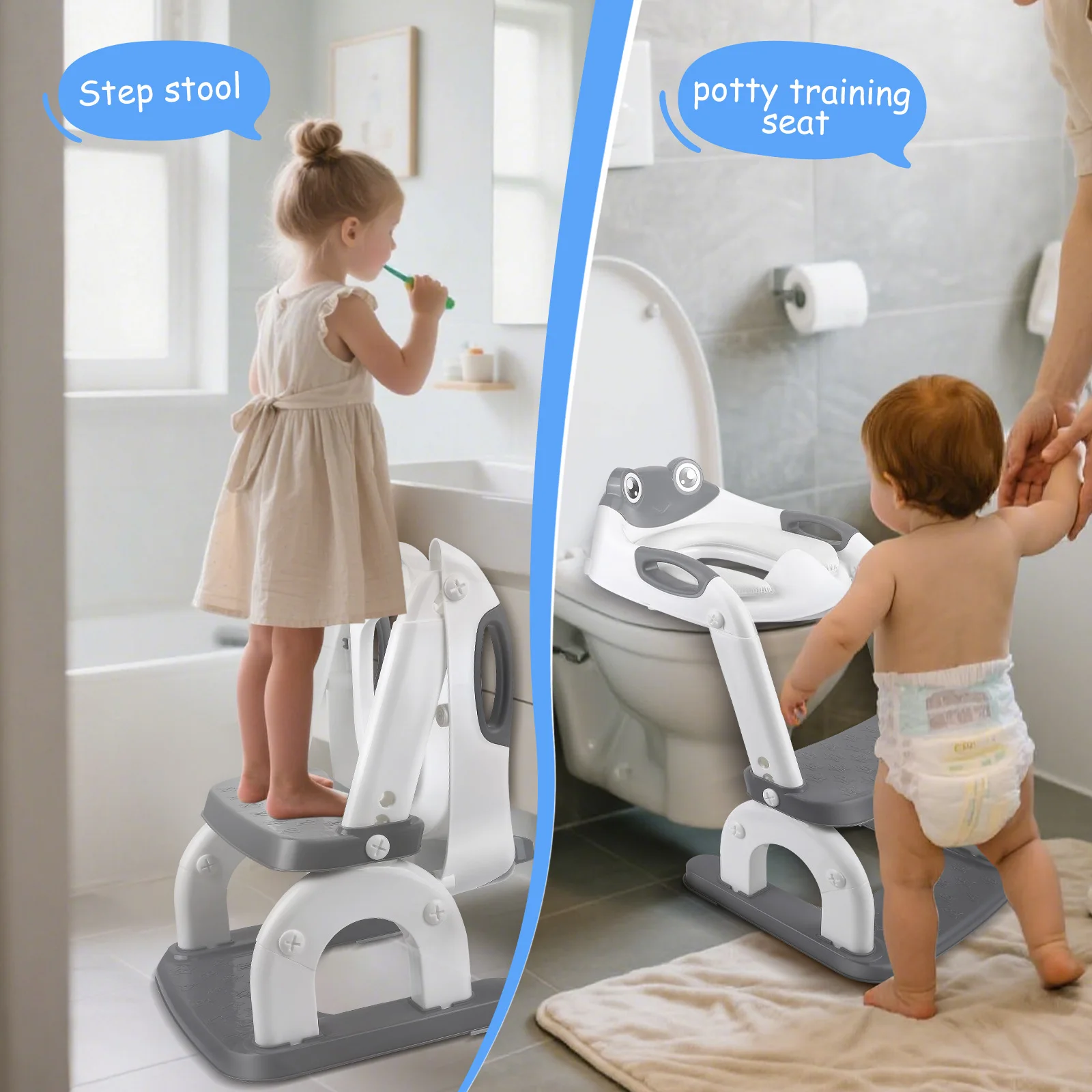 Sedile WC 2 in 1 per bambini con scaletta, seduta imbottita, regolabile in altezza, pieghevole, per l'apprendimento all'uso del WC, con motivo a rana,