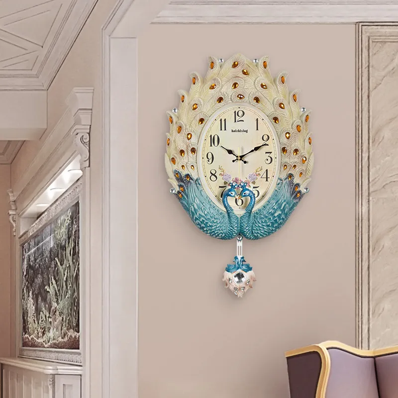 

European Style Peacock Wall Clock Restaurant Digital Clock Mural Watch Living Room Bedroom Luxury Mute Wall Clock Home Decor
