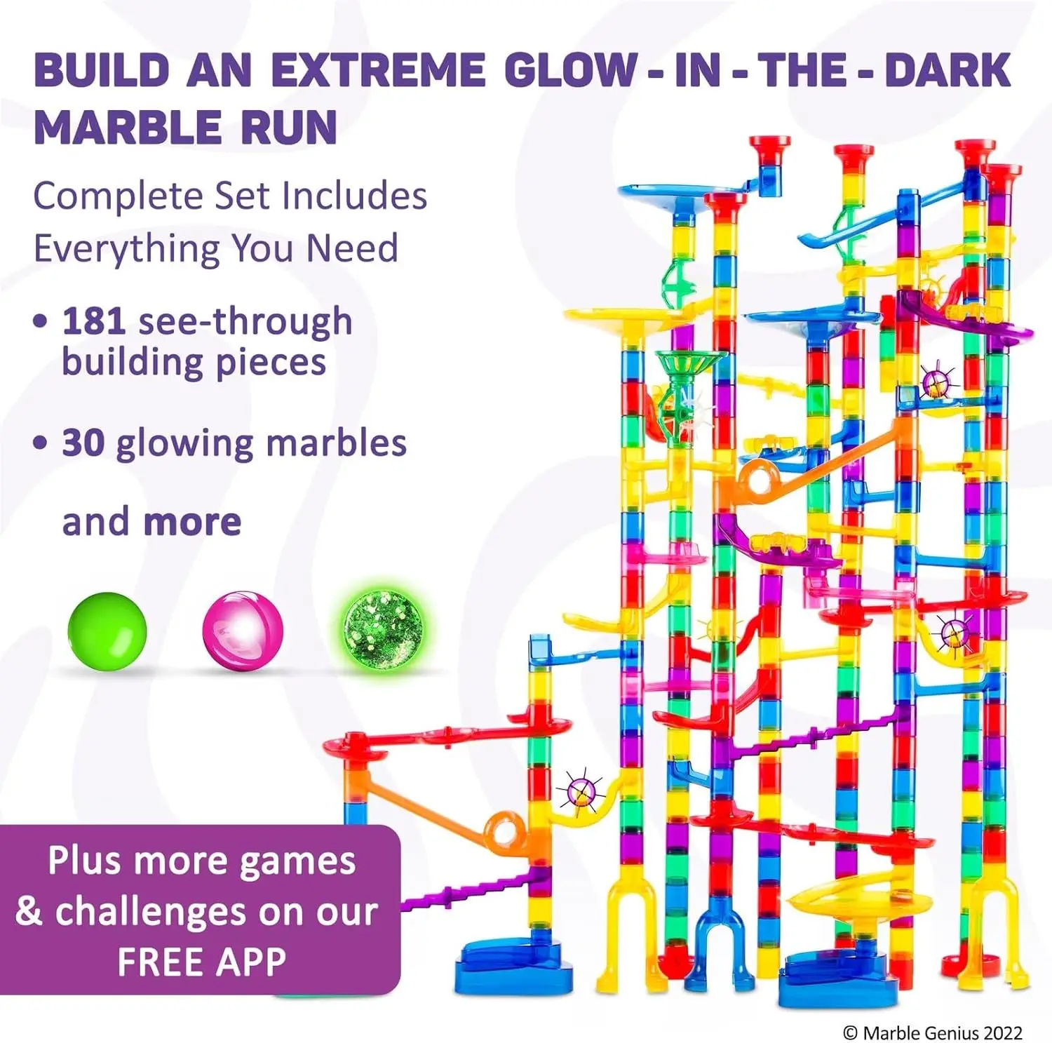 300 pcs Glow Marble Run Track Race Extreme Set for Kids Age 4+, Glow in The Dark, STEM Educational Building Block, Color Instruc