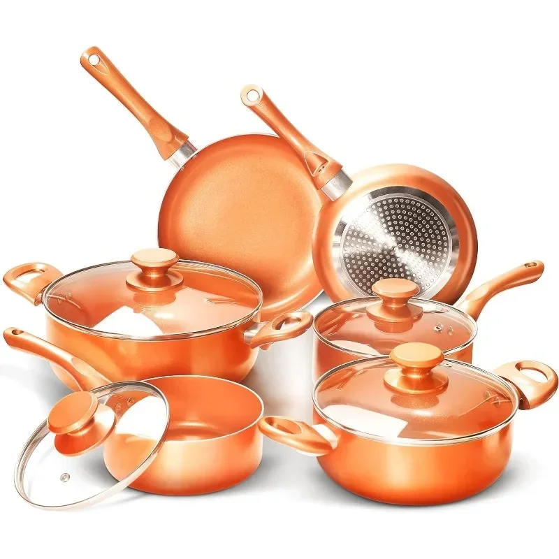 10pcs Cookware Set Ceramic Nonstick Soup Pot/Milk Pot/Frying Pans Set | Copper Aluminum Pan With Lid