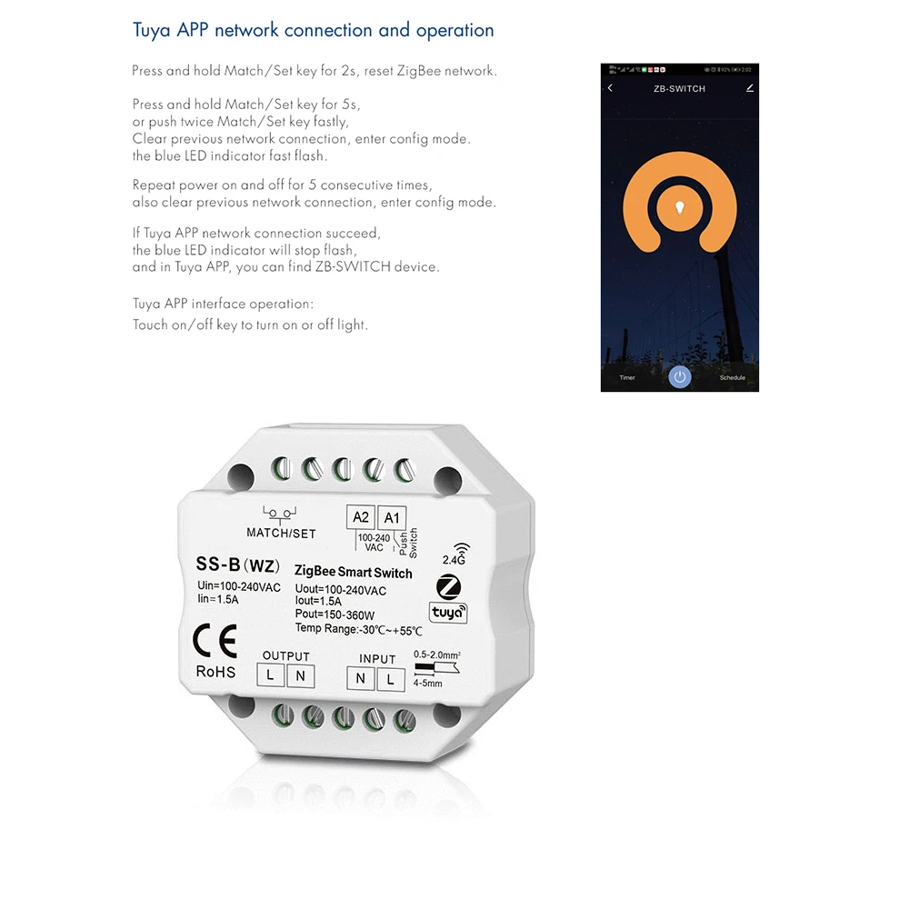 Skydance SS-B(WZ) AC110-220V Smart ZigBee Tuya APP+RF+Push Switch Wireless Remote Control Triac Dim for Non-Dimmable LED light