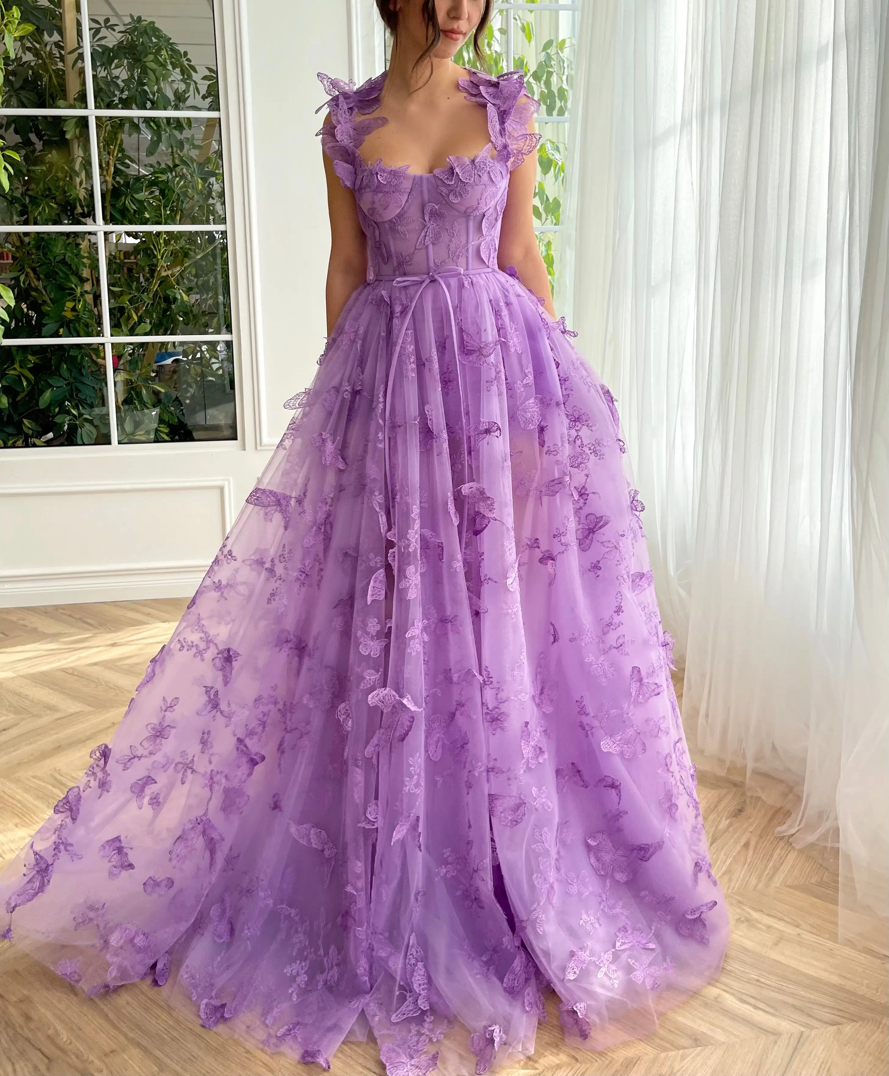 Lilac Lace Prom Dresses 2024 Butterfly Spaghetti Straps Sweetheart A Line with Pocket Belt Hi-lo Corset Zipper Back Evening Gown