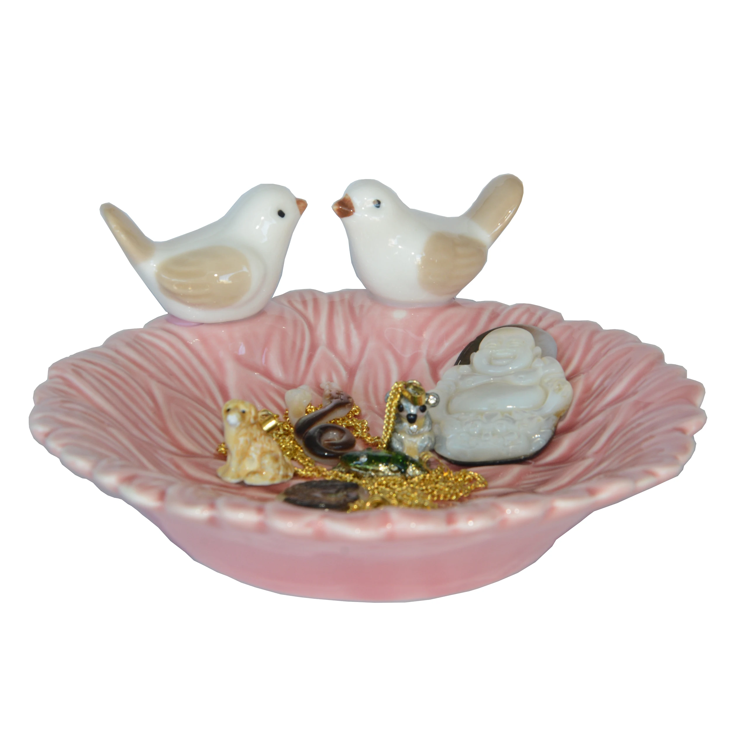Ceramic Jewelry Dish Tray for Trinket Ring Necklace Bracelet Earrings Cute Flower With Bird Plate Home Decoration