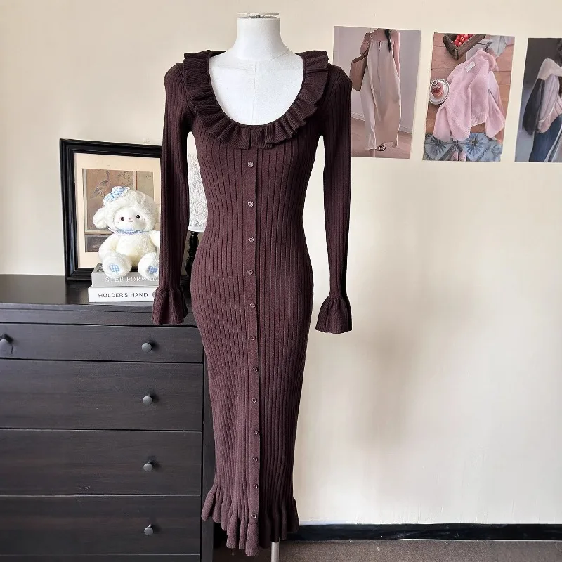 Zimowa Sukienka z Falbankami i Rękawami w Kształcie Rogów, Nowa Moda, Seksowna Sukienka Swetrowa typu Rybka z Podkreśloną Talia dla Kobiet