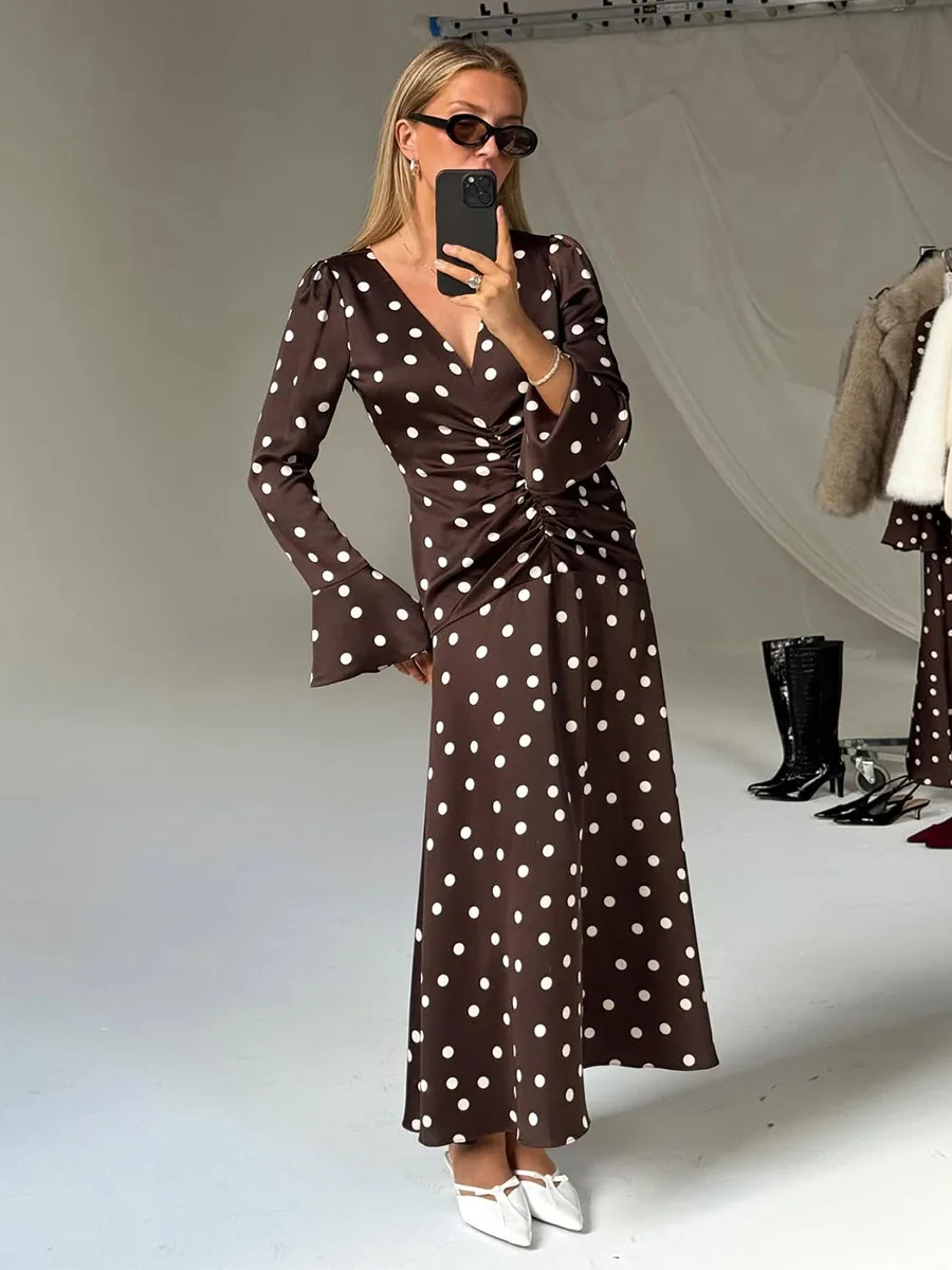 Vestido Retro Marrom com Poás em Cetim para Mulheres, Sexy, Decote em V, Manga Larga, Vestido Maxi Estilo Francês, Ajuste Slim, Cauda de Peixe