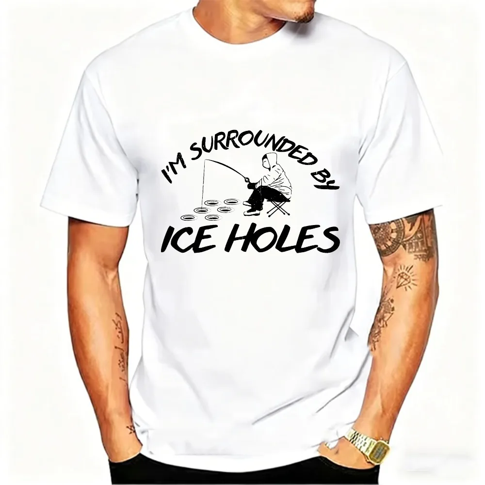 I'm Surrounded By Ice Holes Funny Ice Fishing T-Shirt Men Distressed Graphic Tee Short Sleeve Crew Neck Silhouette Gift Casual