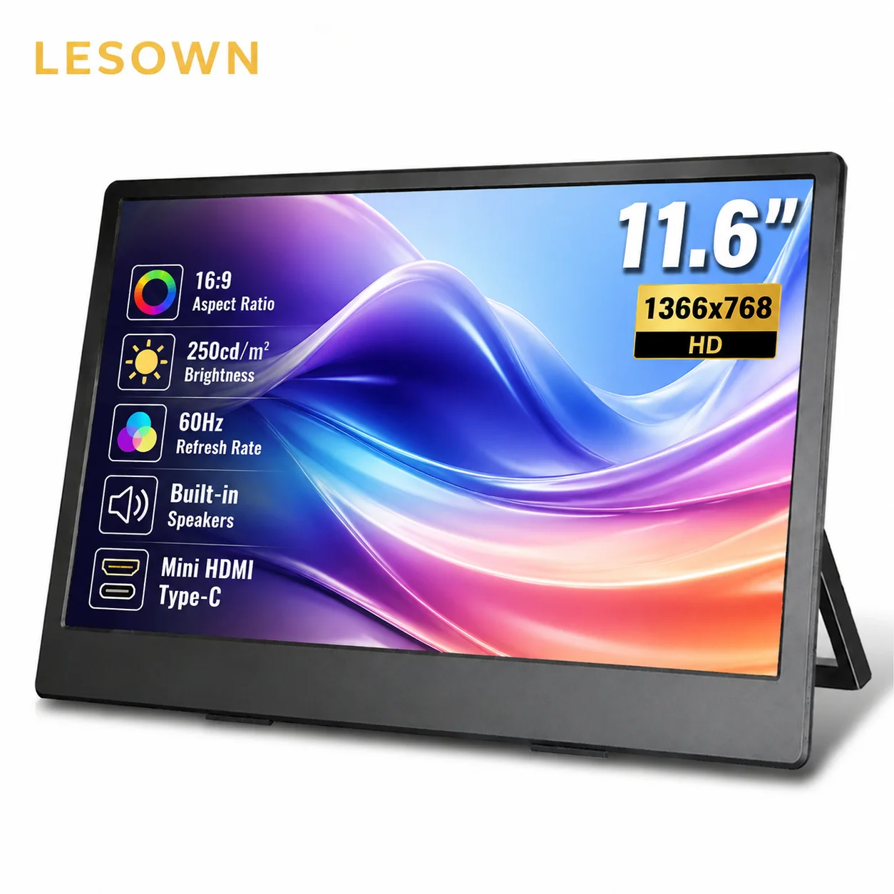 

LESOWN 11.6 Inch 768P Portable Monitor Plug & Play External Screen Built-in Kickstand VESA Type-C for Laptop Extension
