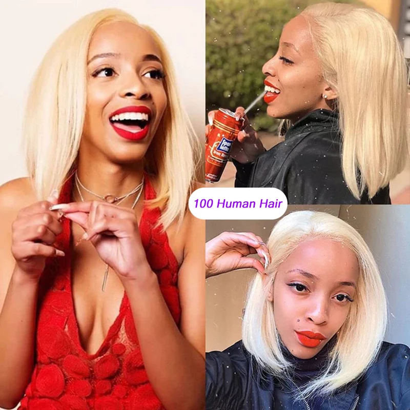 13x4 Straight Bob Wig Human Hair Lace Pre Plucked Bleached Knots Lace With Baby Hair 613 Blonde 200% Density Lace Front Wigs