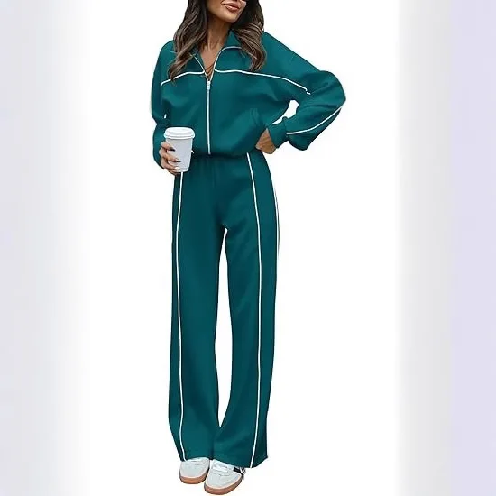 

2026 new fashionable casual women's solid color long sleeved zipper top, waist belt, straight leg pants set