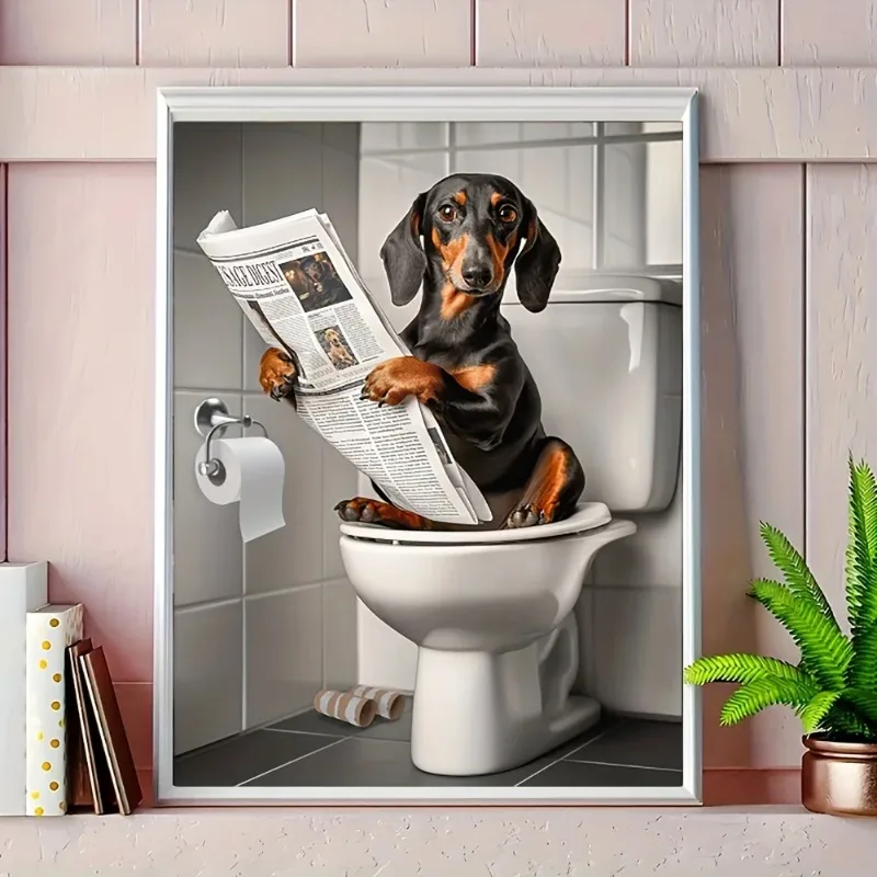 1pc Playful Dachshund on Toilet Canvas Print Wall Art for Pet Lovers,for Home Decor  Bedroom,Kitchen,Living Room,Bathroom, Hotel