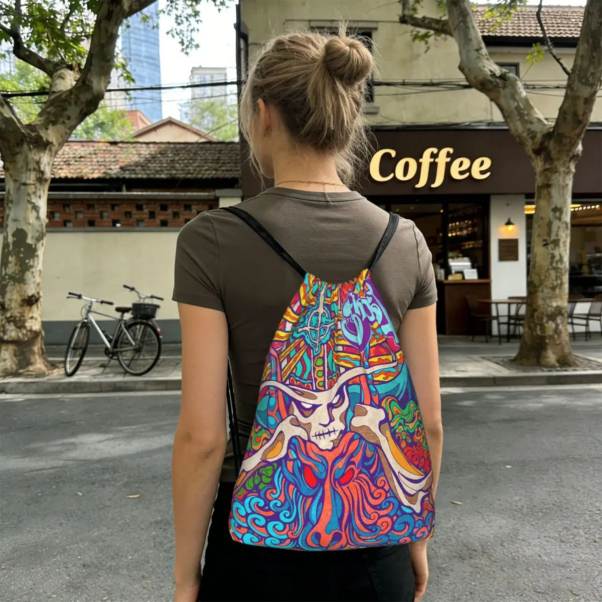 Skeleta Album Ghost Band Backpacks Fashion Drawstring Bundle Pocket Storage Bag Book Bags for Travel Students