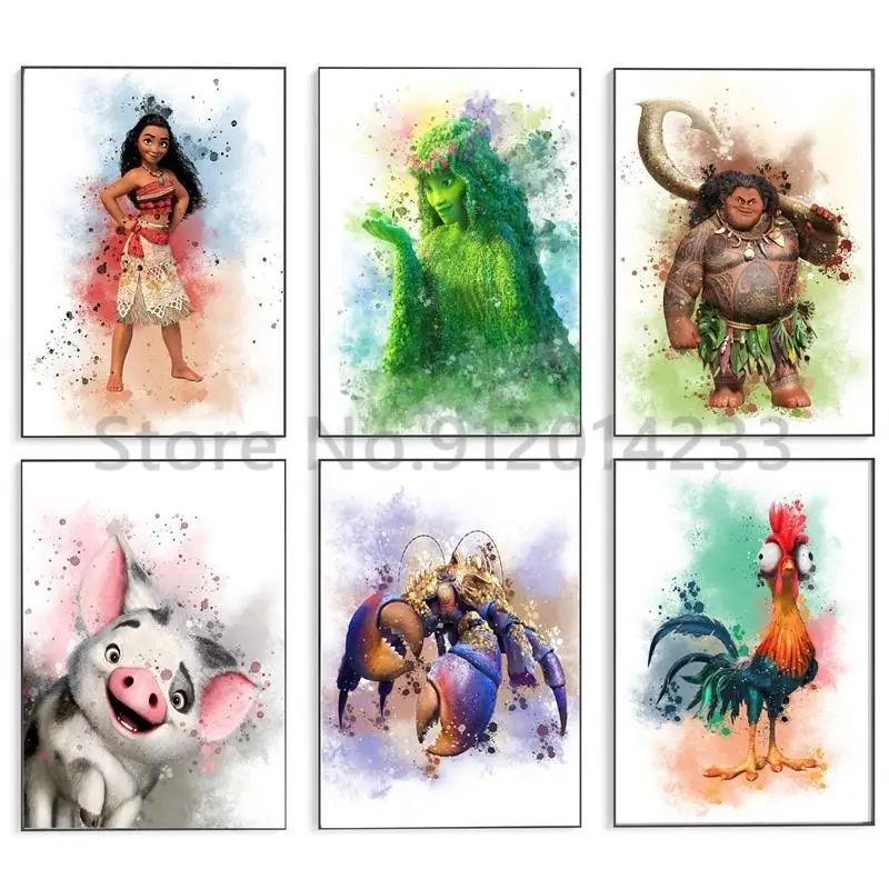 Disney Watercolor Painting Cartoon Movie Moana Characters Modern Canvas Poster and Print Wall Art Living Room Kids Bedroom Decor