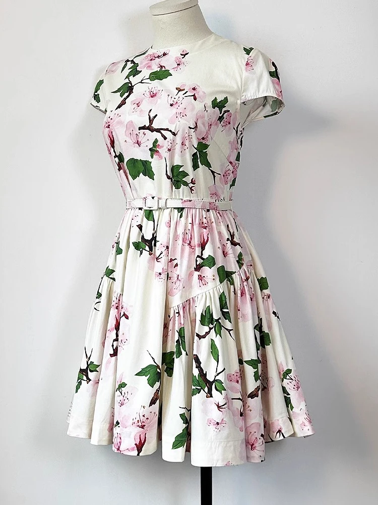 DSXDFACAIRIJ Vestido de algodón con estampado Floral de verano para mujer, cuello redondo, manga corta, estilo playero, fajín, ropa femenina de moda
