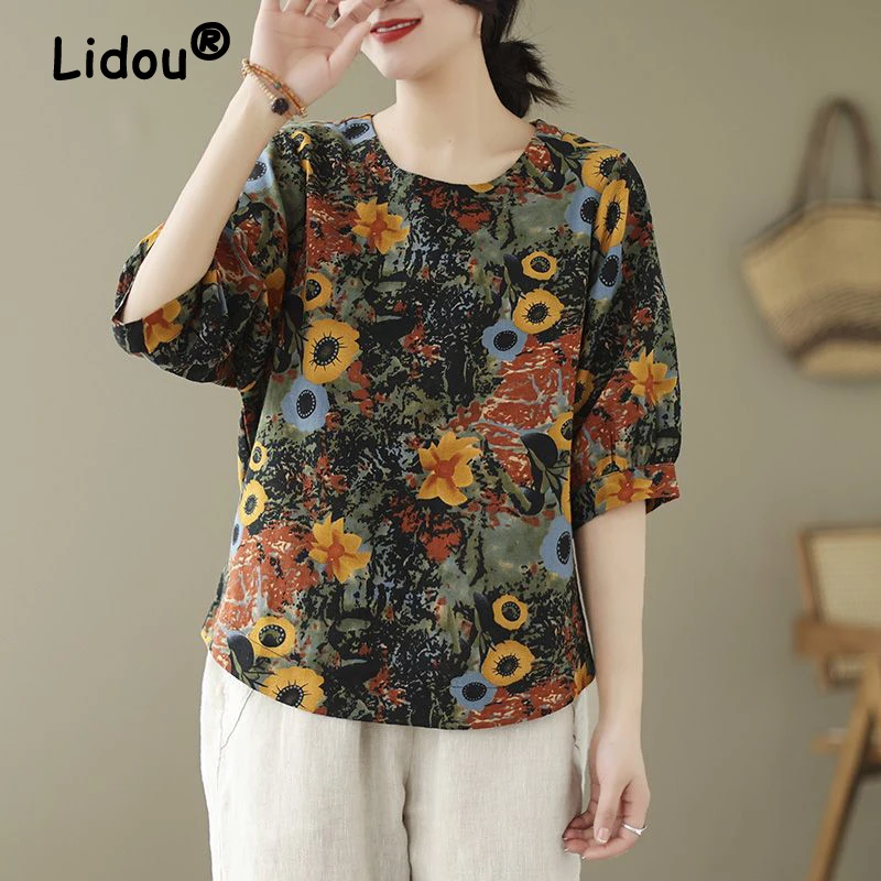 

Женская Винтажная футболка из хлопка и льна, повседневный Свободный пуловер с коротким рукавом и цветочным принтом, с круглым вырезом, лето 2024