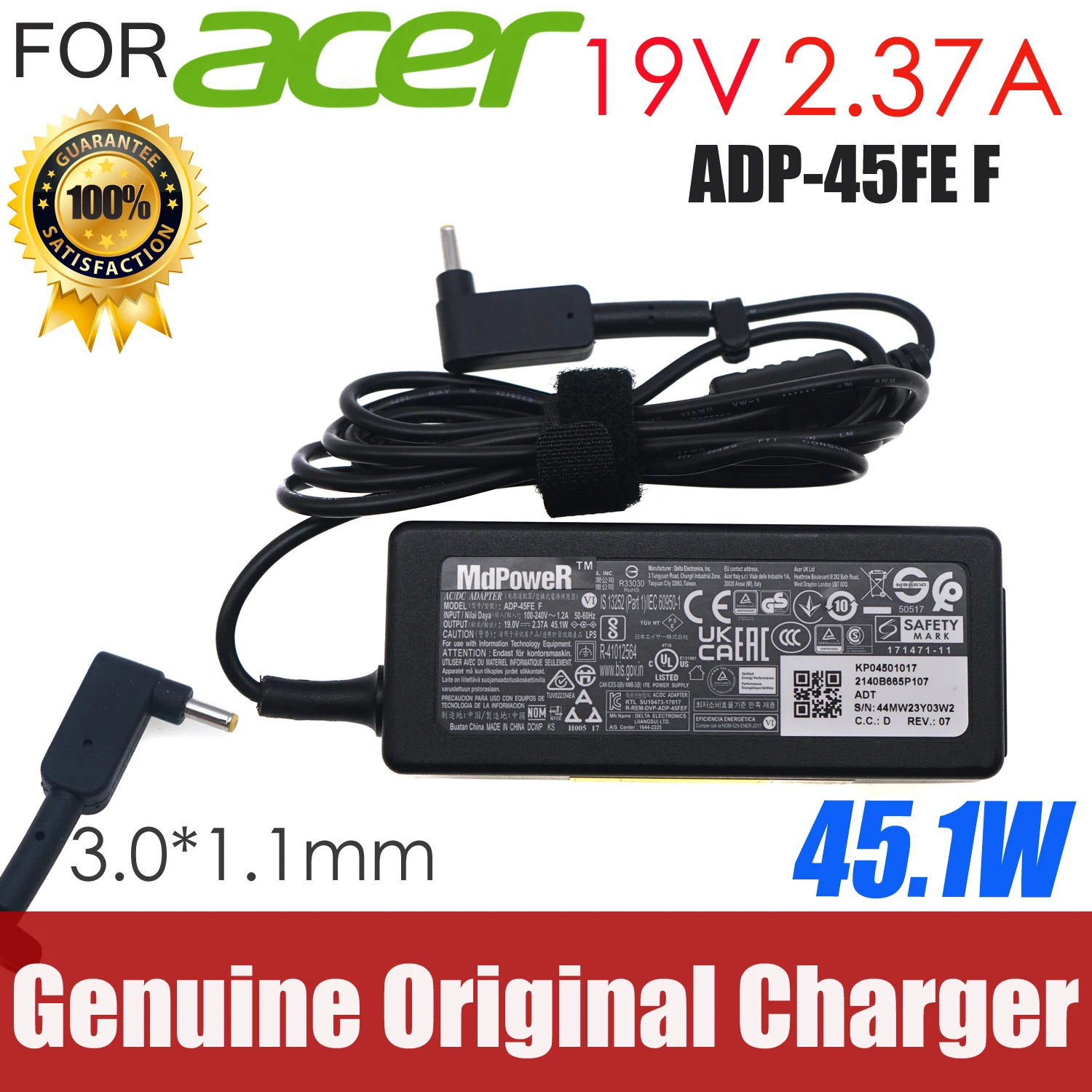 

Genuine Delta 45W ADP-45FE F AC Adapter OEM Laptop Charger for Acer Chromebook 11 13 14 15 R11 A18-045N2A 19V 2.37A 3.0x1.1mm