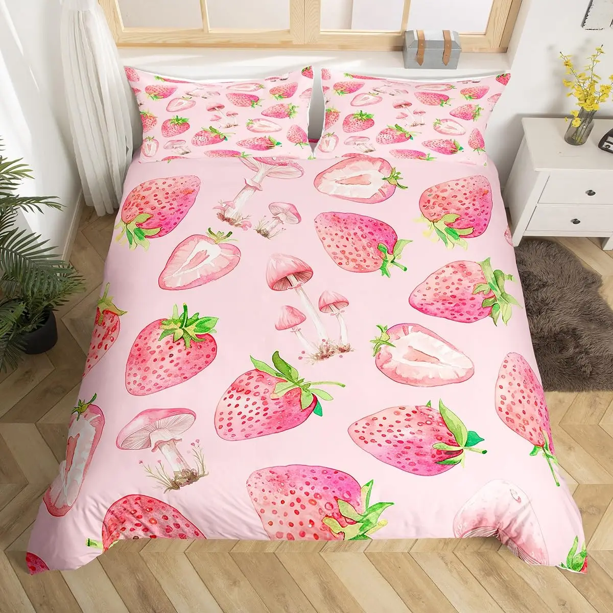 Kids Pink Strawberry Duvet Cover King Queen Mushroom Bedding Set For Girls,Kawaii Fruit Comforter Cover Watercolor Quilt Cover