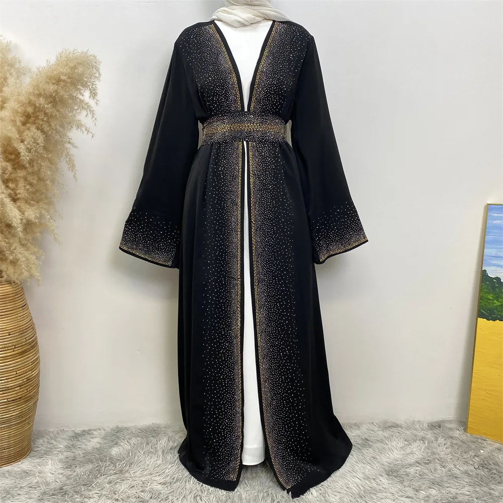 Ramadan Muslim Open Abaya for Women Lace-up Cardigan Dress with Pocket Dubai Long Dress Turkey Islamic Kaftan Femme Musulman