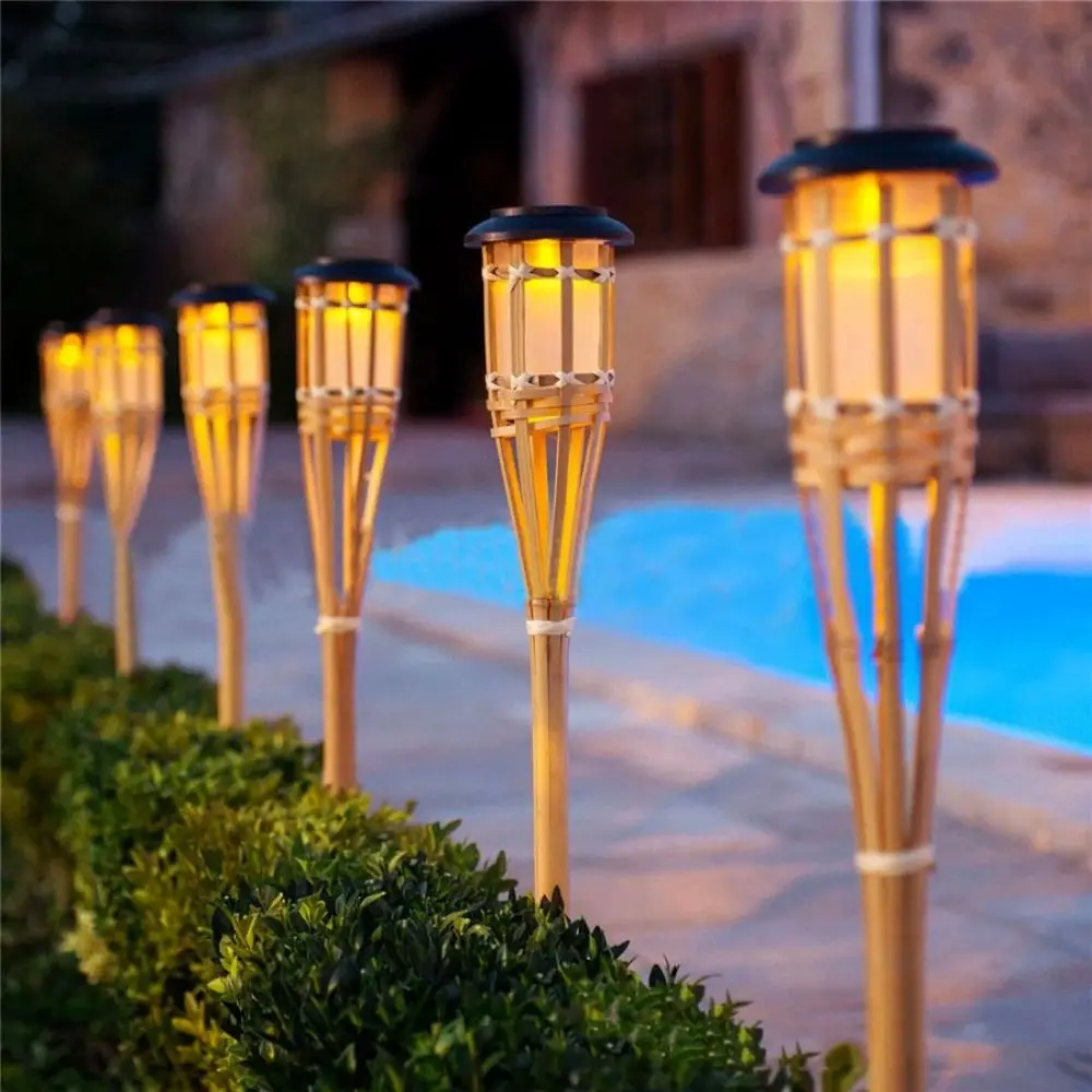 Luz atmosfera à prova dwaterproof água chama solar luz automática criativa lâmpada do gramado artesanato led luzes de chama de bambu quintal