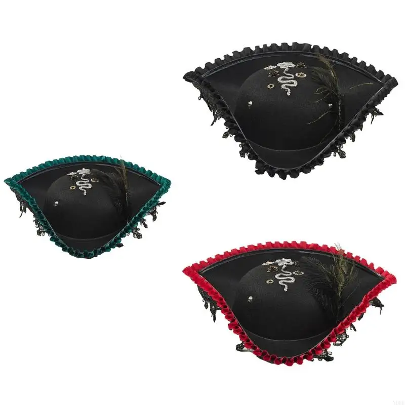 

Stylish Black Pirate Hat Features Delicate Lace Edging And Plush For Themed Event Y08E