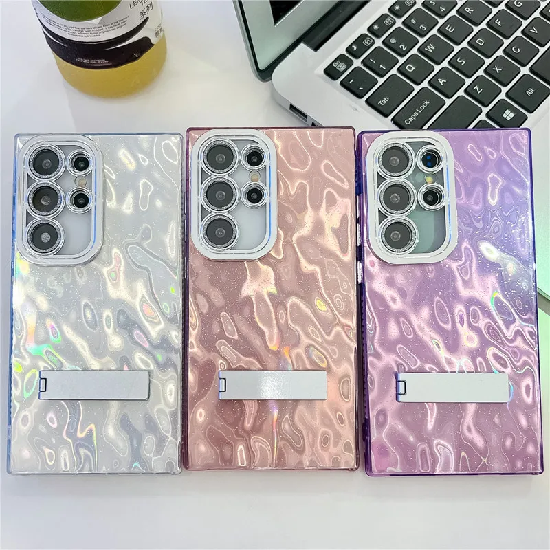 Fashion Wrinkled Pattern Glitter Lens Full Protective Phone Holder Case for Samsung S24 FE S23 Ultra A15 A25 A35 A55 A54 Cover