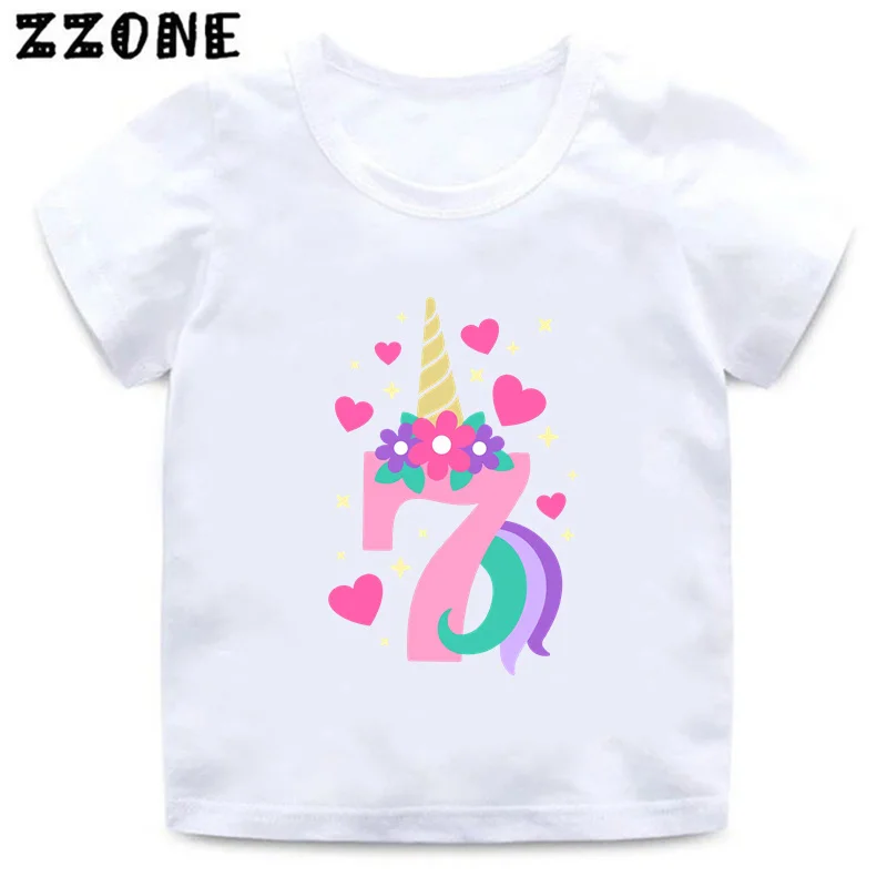 Cute Unicorn Print Girls Clothes 1 2 3 4 5 6 7 8 9 Years Happy Birthday Number Bow Kids Short Sleeve T shirt Baby Boys T-Shirts