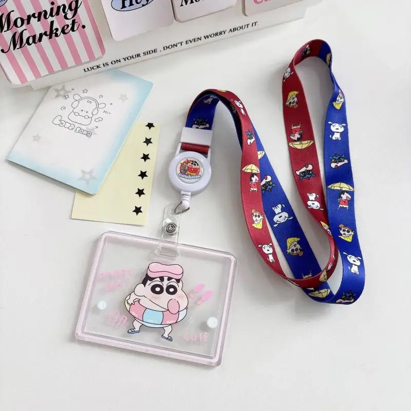 Japan Crayon Shin-chan cute cartoon Acrylic card holder Retractable Snap Buckle Lanyard campus card Bus card protective cover