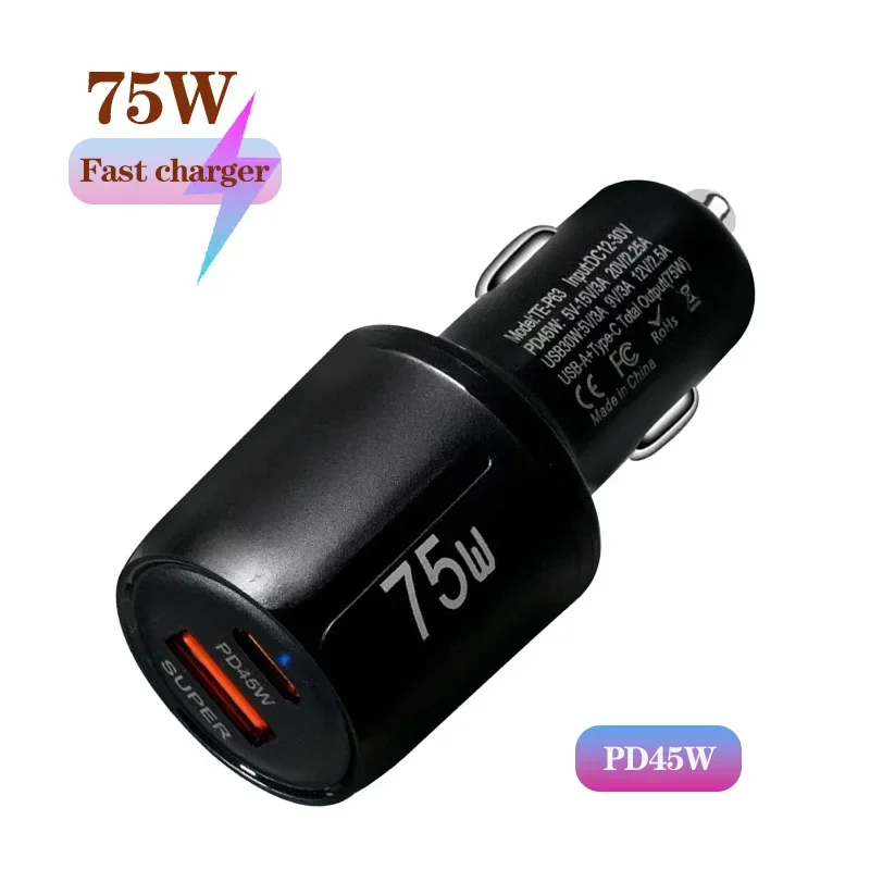 

60W/75W 2Port USB car charger QC3.0+PD45Wcar phone charger for iPhone Samsung Xiaomi fast charging cigarette lighter adapter