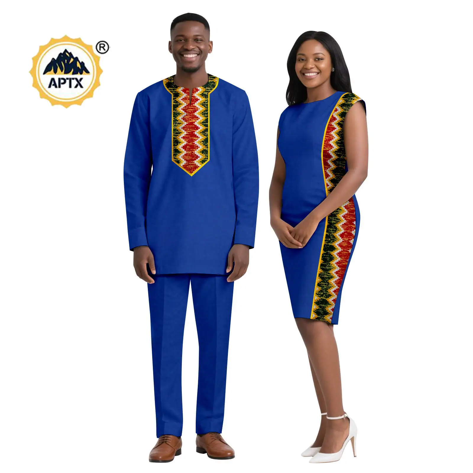 African Sexy Patchwork Print Hip Dresses for Women Matching Couple Outfits Africa Clothes Dashiki Men Top and Pant Sets 25C094