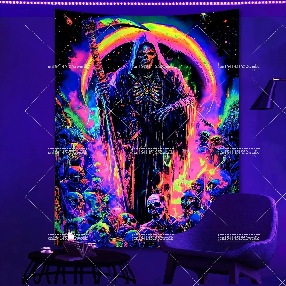 Grim Reaper Skeleton Blacklight Tapestry UV Reactive Witchy Skull Glow In The Dark Tapestrys Wall Haning Aesthetic Neon Backdrop