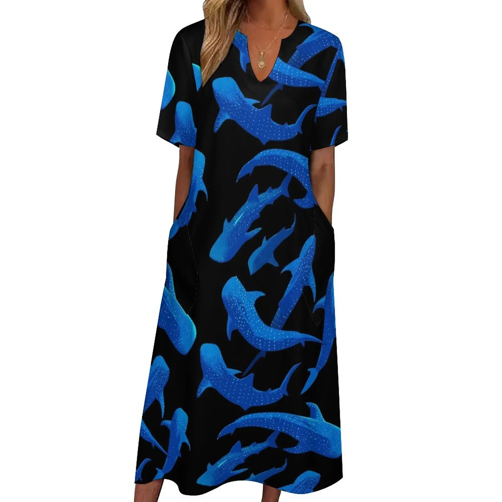 Shark Whale Dress Blue Animal Print Vintage Maxi Dress Streetwear Casual Long Dresses Women V Neck Custom Big Size Vestidos